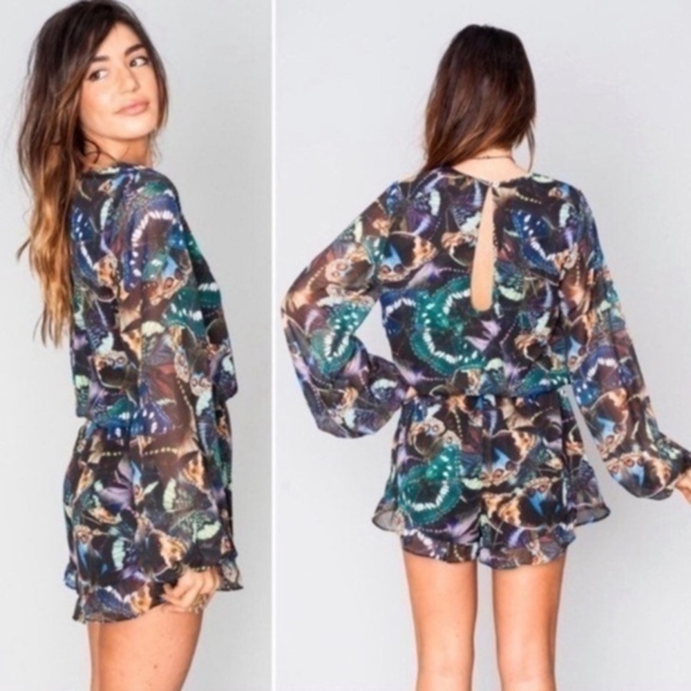 Show Me Your MuMu butterfly romper print V Neck sheer sexy black blue ruffle